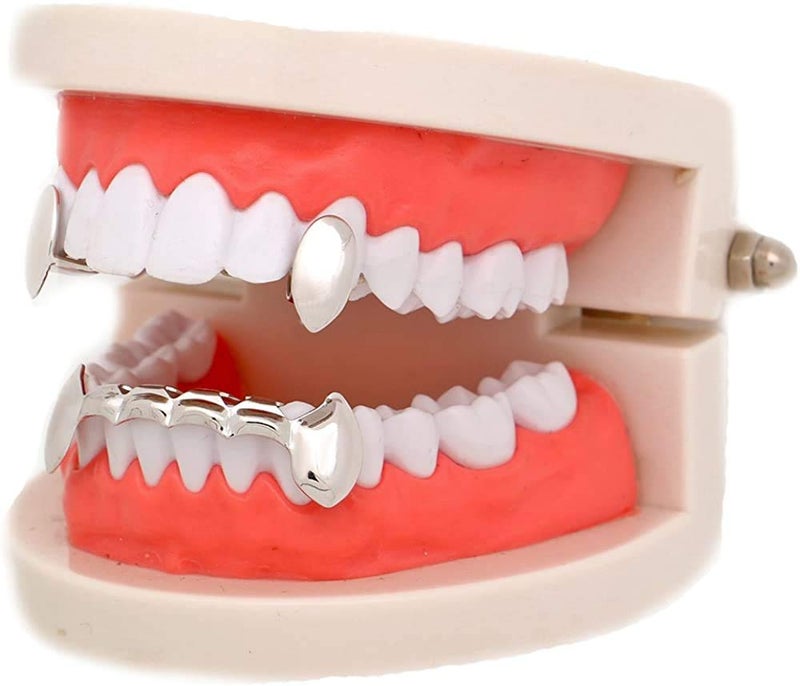 canjoyn 18K Gold Vampire Dracula Teeth Grillz 2pc Single Fangs and 6 Bottom Grillz Set - Image 3